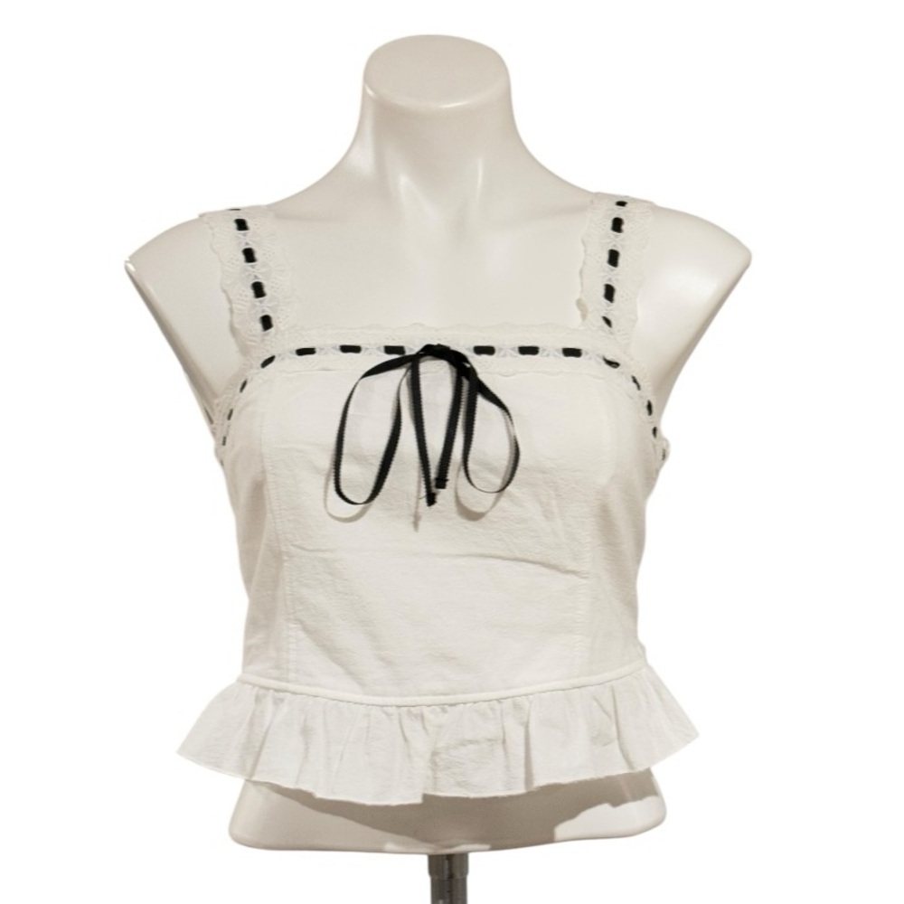 KIRIOUS Copped Eyelet Trim Black Ribbon Bow Tank Top Size M NEW